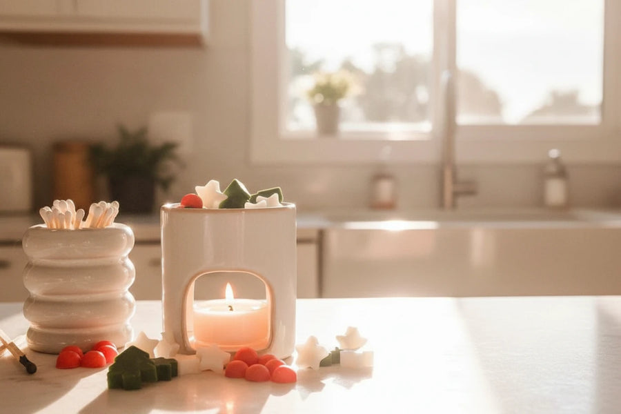 Decorative setup with a lit candle, floral arrangement, and branded product on a table.