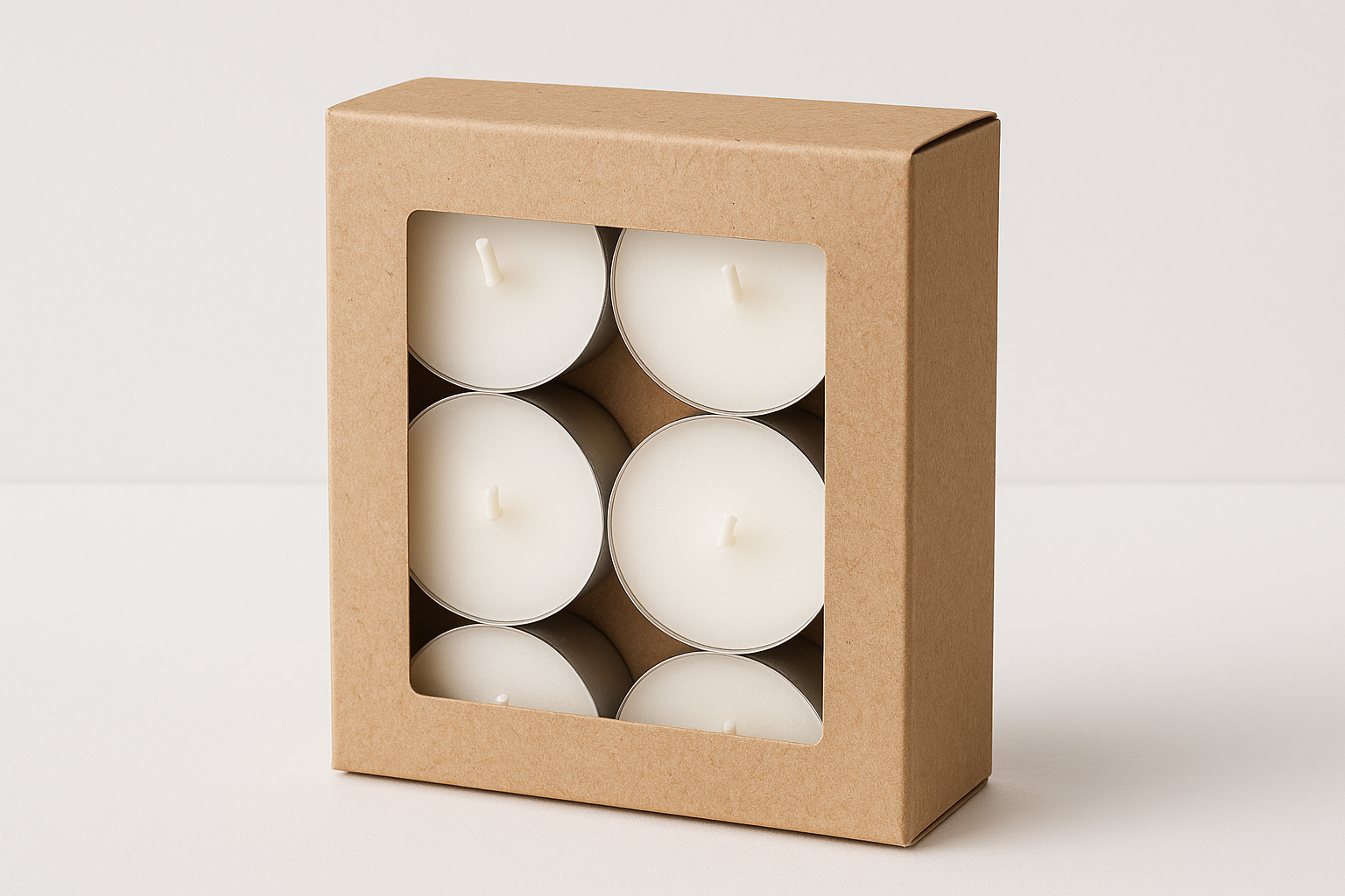 kraft box with clear window featuring 6 tealights