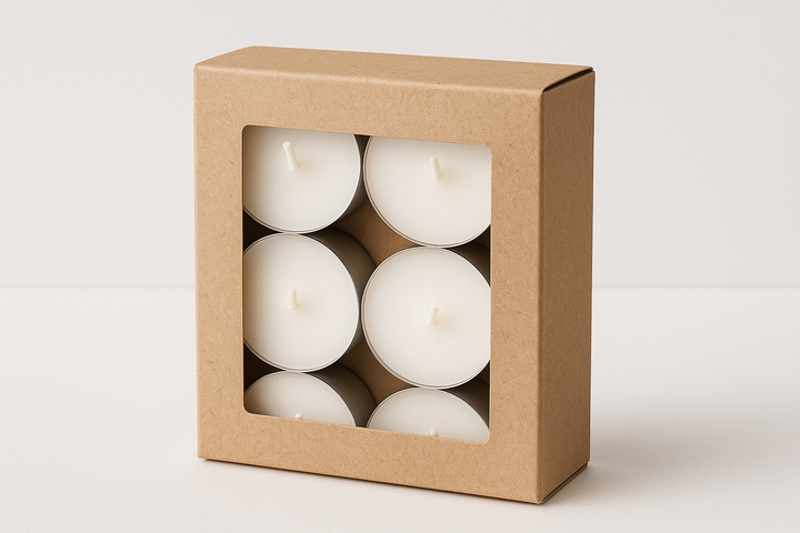 kraft box with clear window featuring 6 tealights