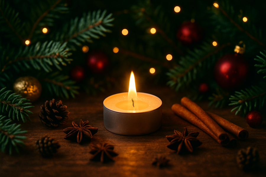 tealight burning on a holiday background
